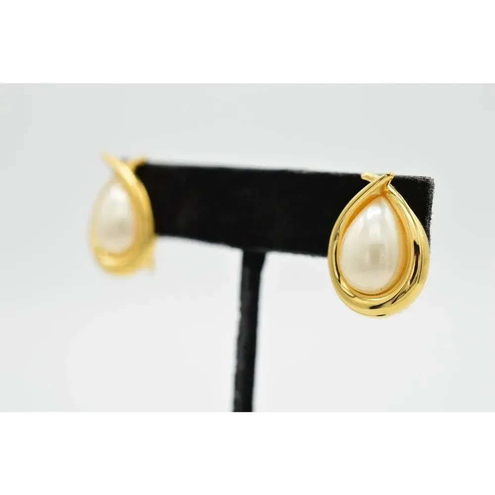 FO Vintage Earrings Clip Pearl Teardrop Gold Fernando Original Signed NOS 80s 9L